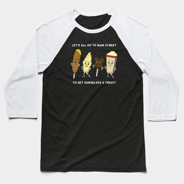 Main Street Treats - White Text Baseball T-Shirt by MagicalMountains